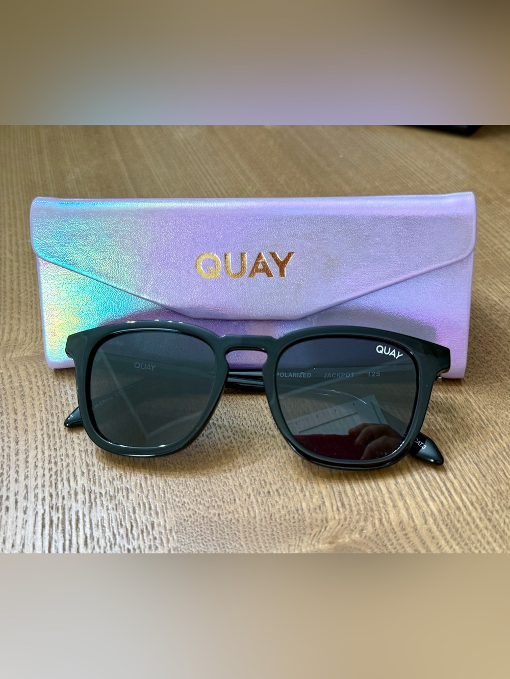 QUAY Black Polarized Sunglasses bundled with Iridescent Purple Case